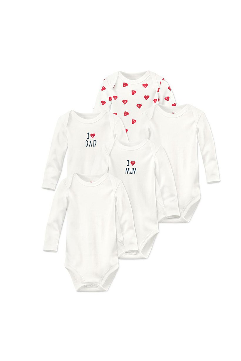 Toddler Unisex 5 Pcs Organic Cotton Long Sleeve Graphic Bodysuits, White