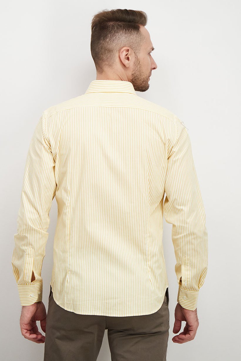 Men Regular Fit Pointed Neck Long Sleeve Stripe Casual Shirt, Marigold and Optic White