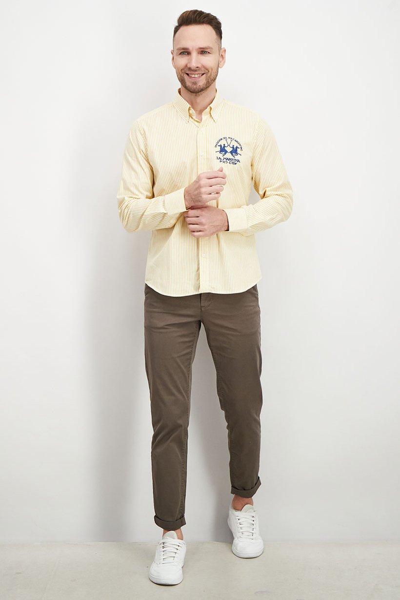 Men Regular Fit Pointed Neck Long Sleeve Stripe Casual Shirt, Marigold and Optic White