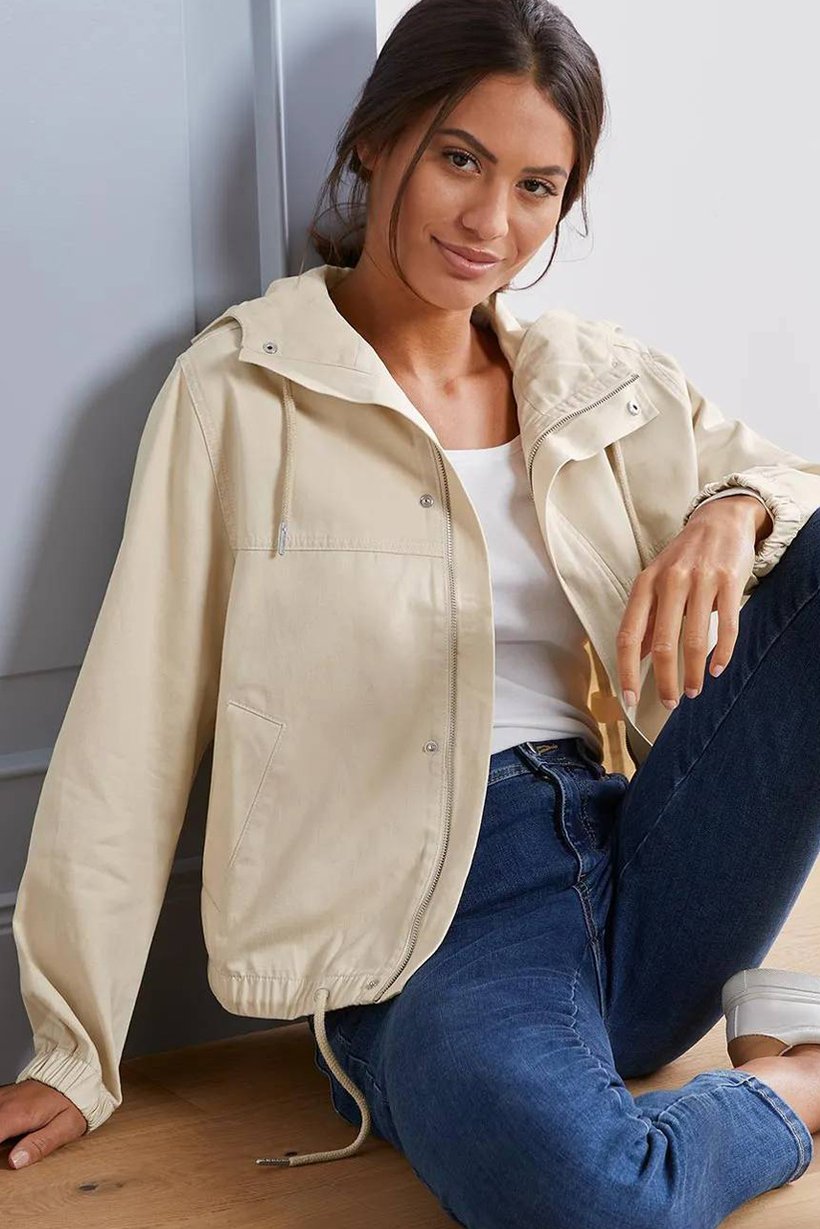 Women Hooded Full Zip Solid Woven Jacket, Sandy