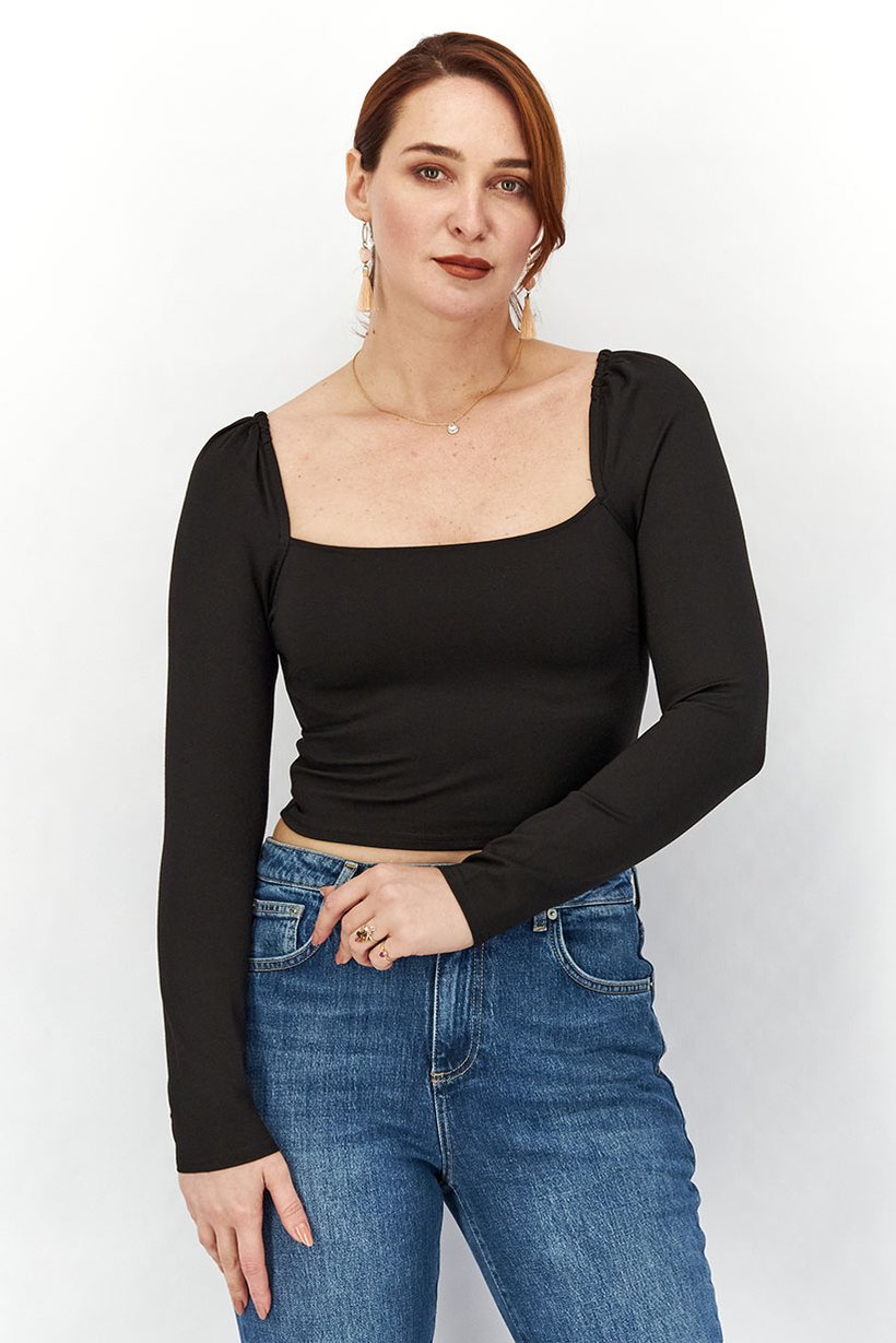 Women Square Neck Long Sleeve Solid Crop Top, Black