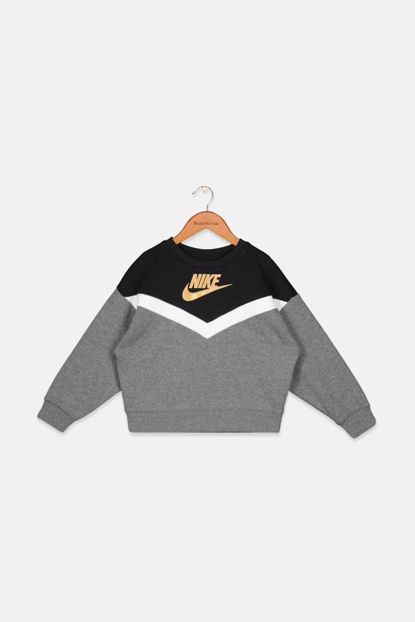 Kids Girl Crew Neck Long Sleeve Brand Logo Sweatshirt, Grey and Black