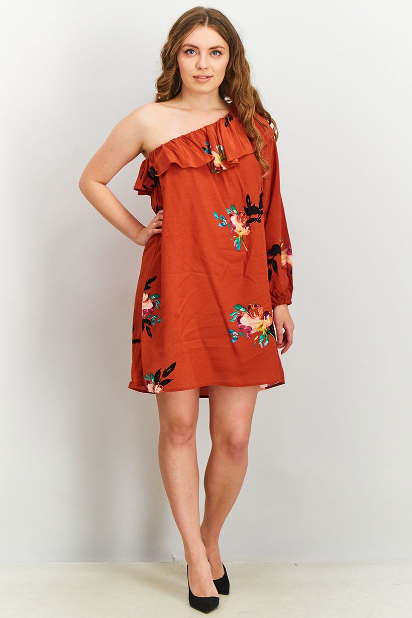 Women Delphine One Shoulder Dress, Copper