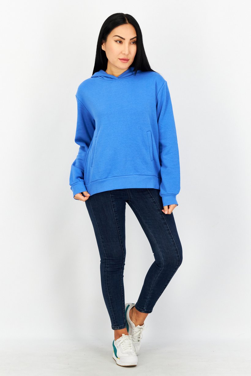 Women Hooded Plain Sweatshirt, Blue