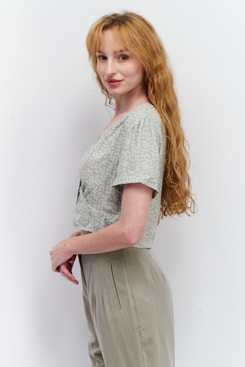 Women V Neck Short Sleeve Floral Print Blouse, Sage