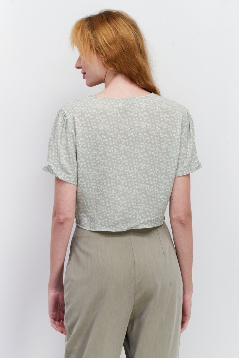 Women V Neck Short Sleeve Floral Print Blouse, Sage