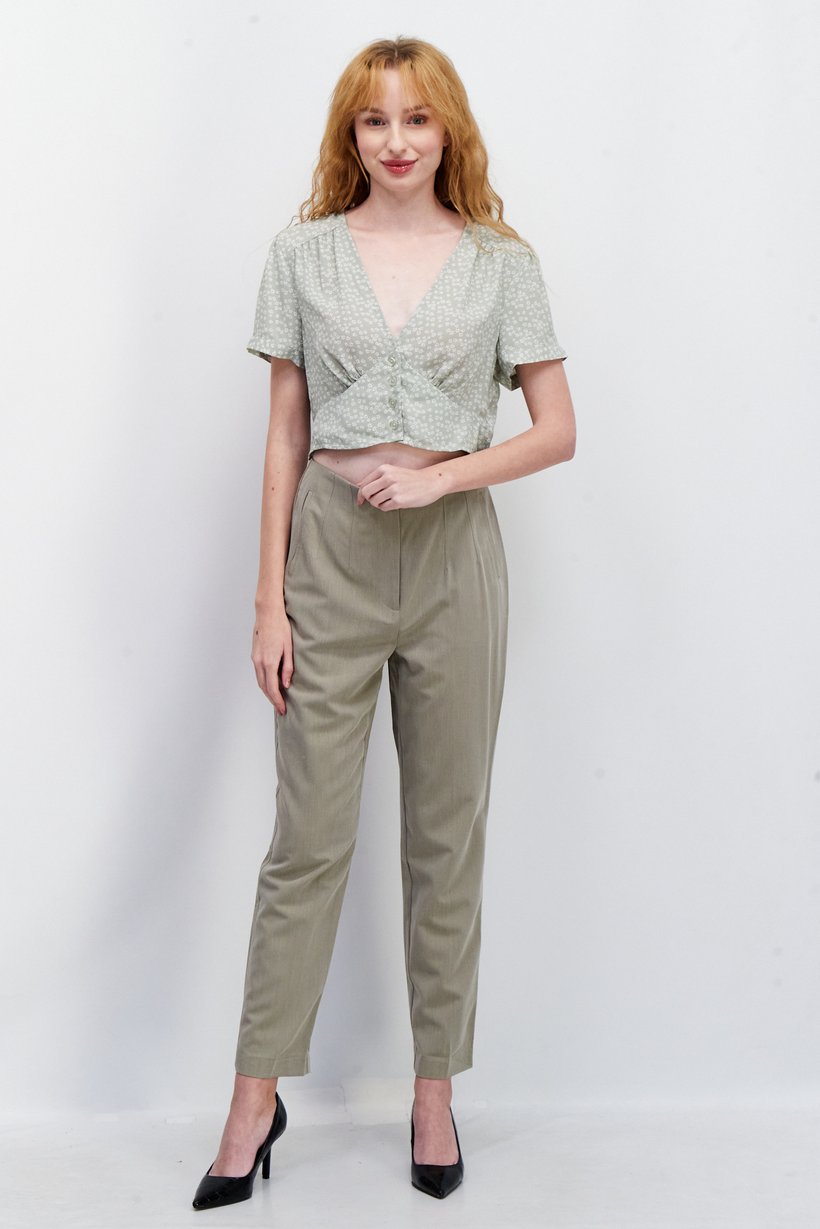 Women V Neck Short Sleeve Floral Print Blouse, Sage
