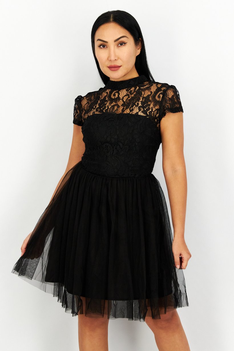 Women Eyelet  Open Back Mini Dress, Black