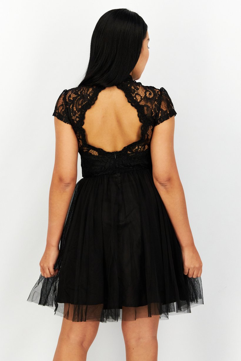 Women Eyelet  Open Back Mini Dress, Black