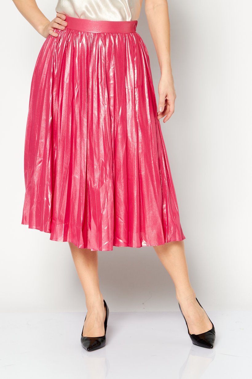Women Pleated Synthetic Leather Midi Skirt, Pink