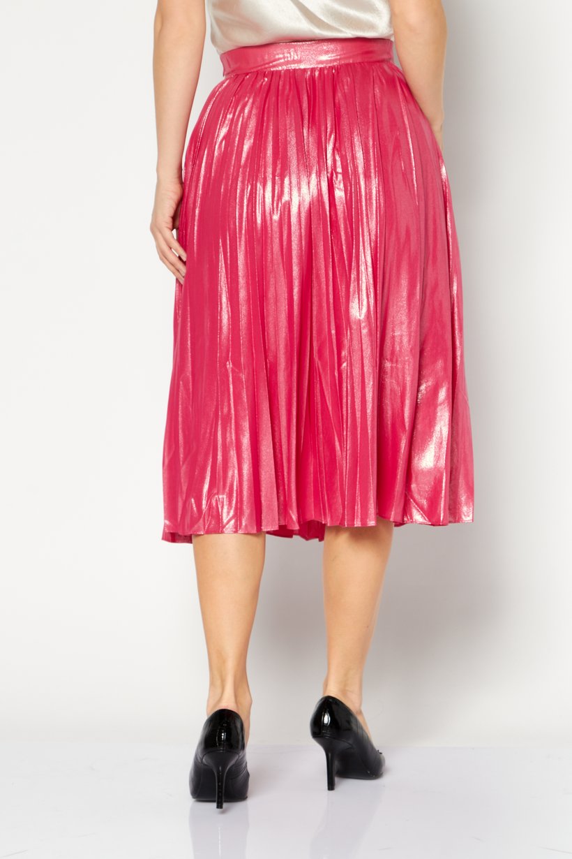 Women Pleated Synthetic Leather Midi Skirt, Pink