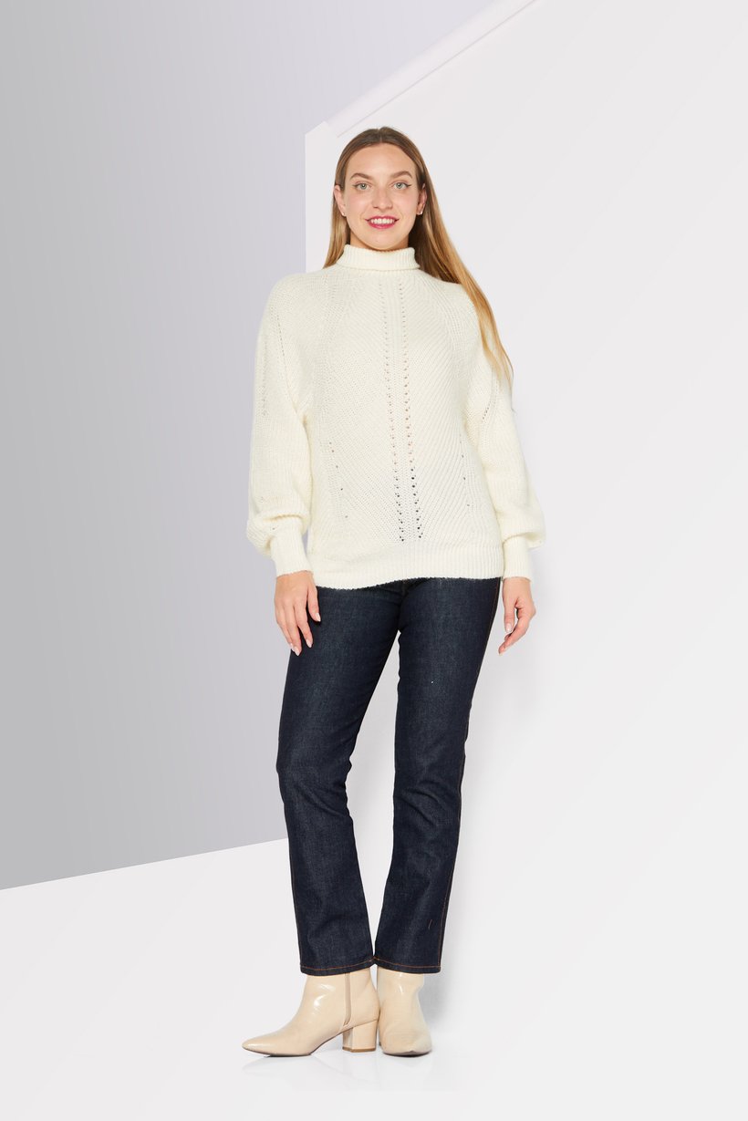 Women High Neck Knitted Sweater, White