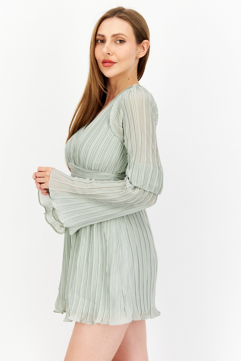 Buy Caara Women Split Neck Long Sleeves Textured Mini Dress, Sage ...