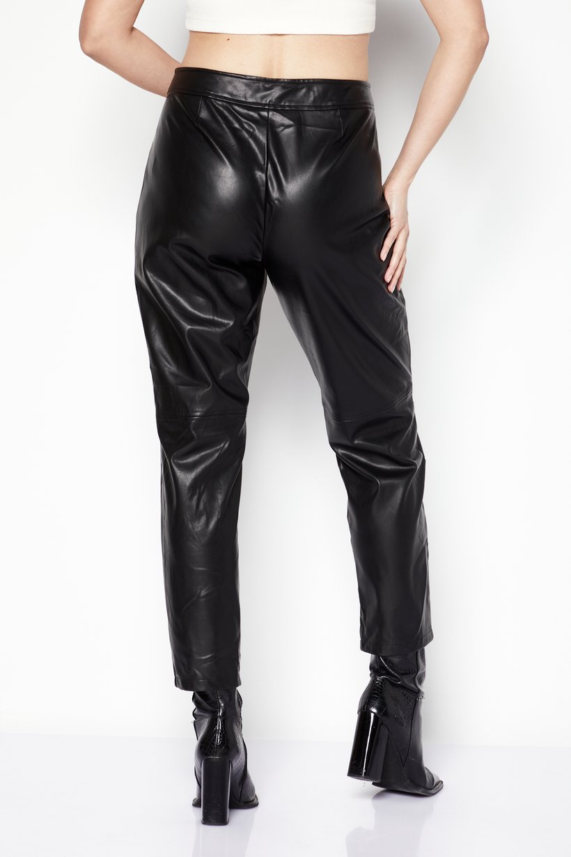 Women Regular Fit Plain Leather Pants, Black