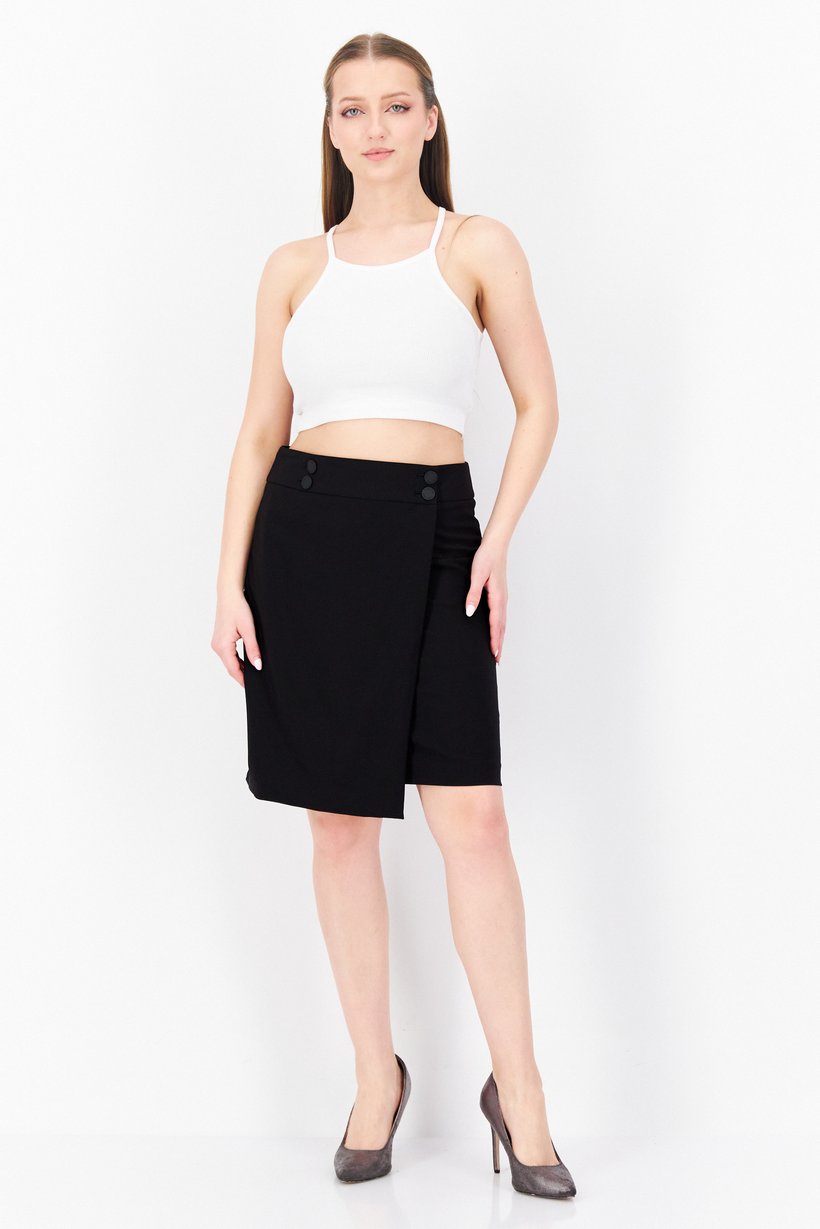 Women Petite Plain Midi Skirt, Black