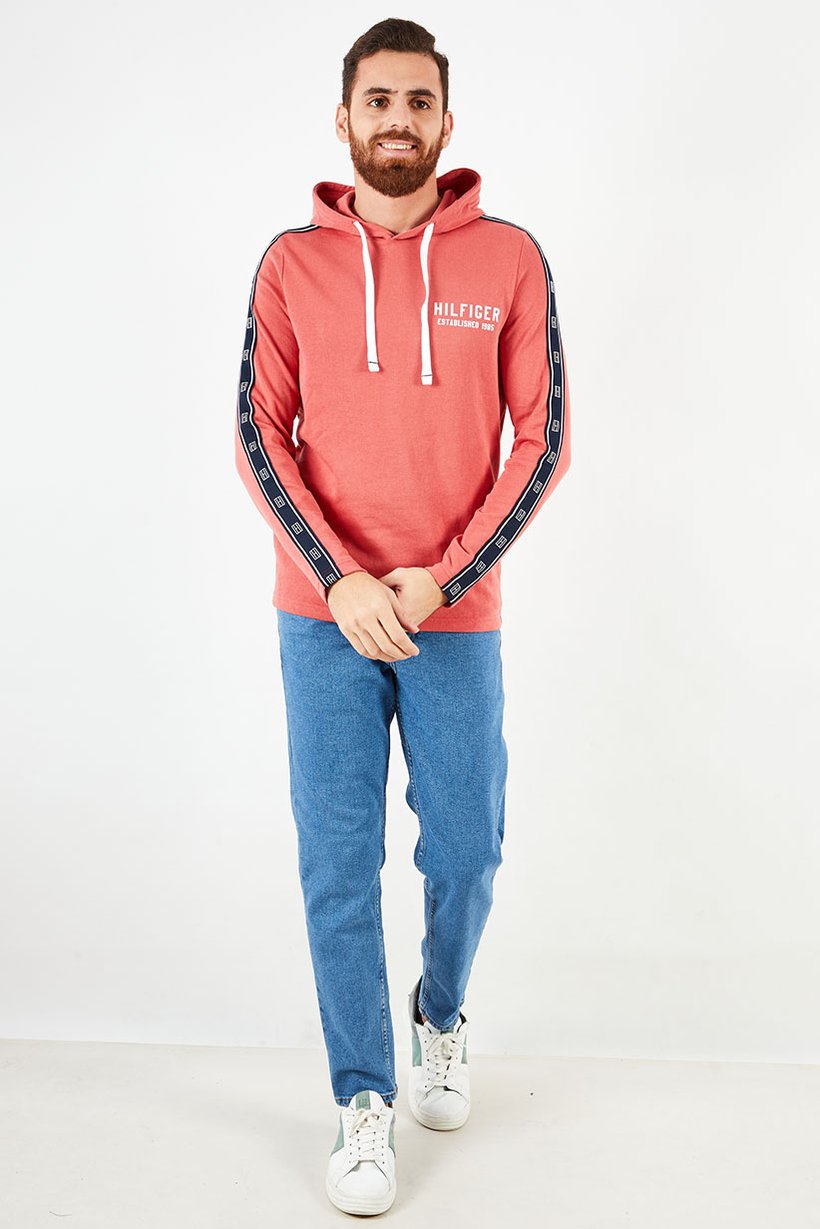 Men Hood With Drawstring Brand Logo Sleepwear, Tuscan Red/Navy/White