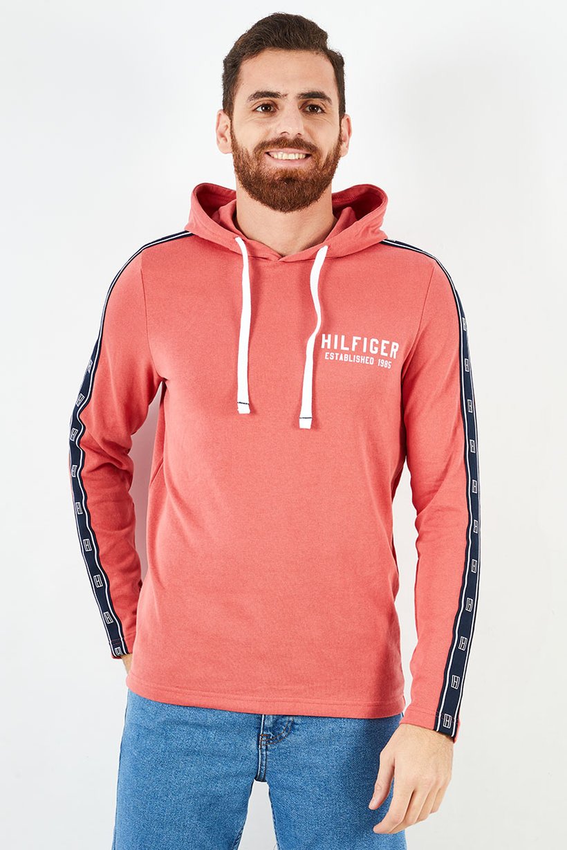 Men Hood With Drawstring Brand Logo Sleepwear, Tuscan Red/Navy/White