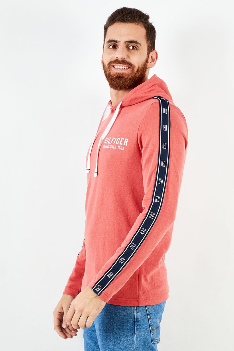 Men Hood With Drawstring Brand Logo Sleepwear, Tuscan Red/Navy/White