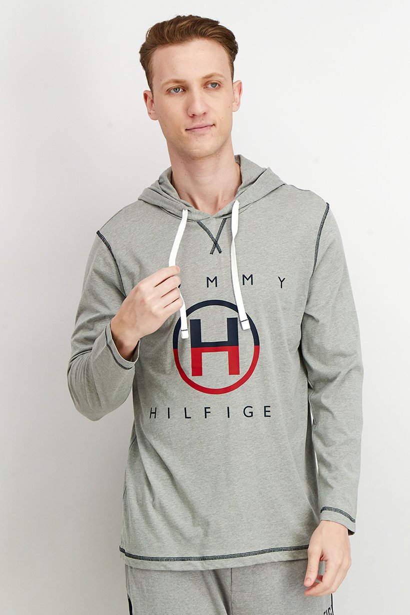 Men Hood With Drawstring Long Sleeve Brand Logo Sleepwear, Grey