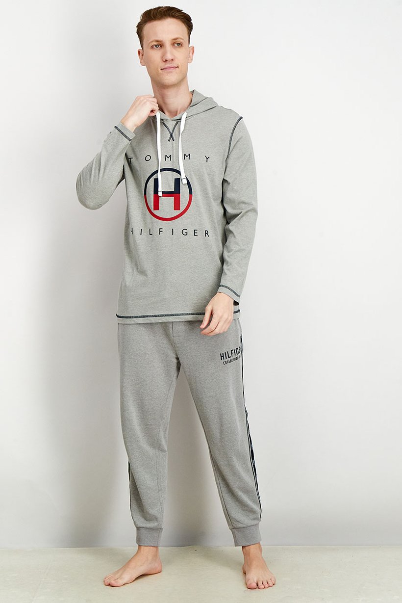 Men Hood With Drawstring Long Sleeve Brand Logo Sleepwear, Grey