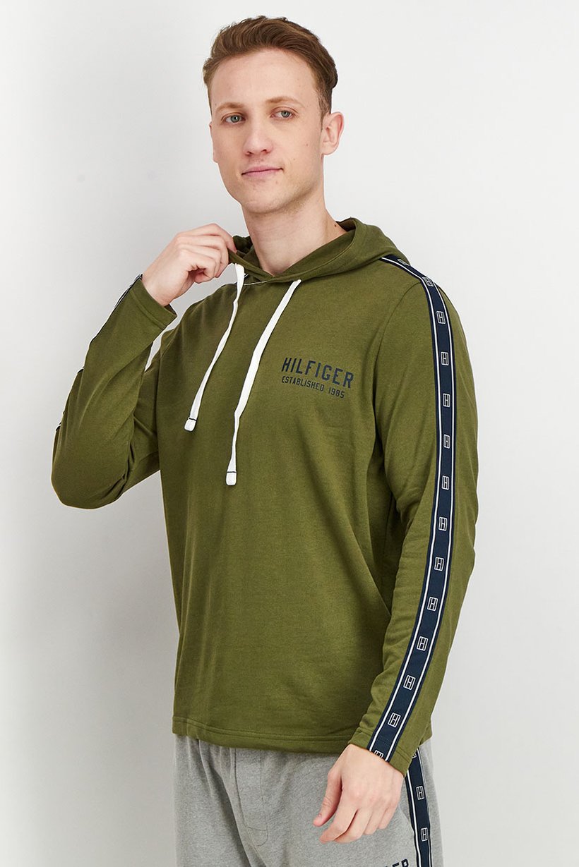 Men Hood With Drawstring Brand Logo Long Sleeves Sleepwear, Moss