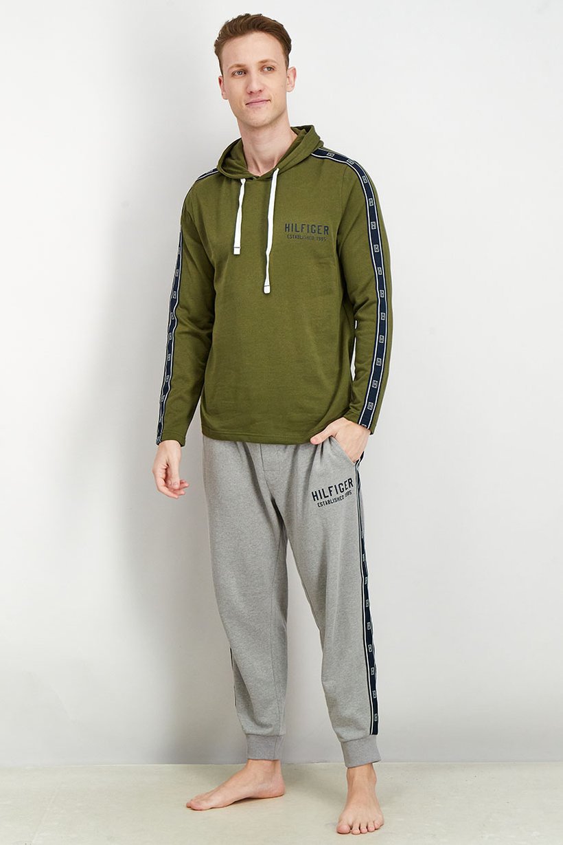 Men Hood With Drawstring Brand Logo Long Sleeves Sleepwear, Moss