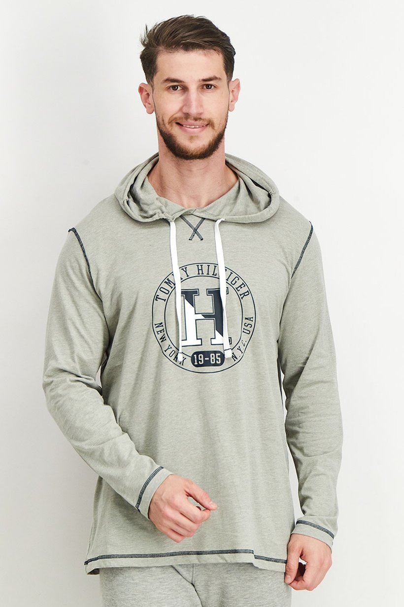 Men Hood With Drawstring Graphic Long Sleeves Sleepwear, Heather Grey