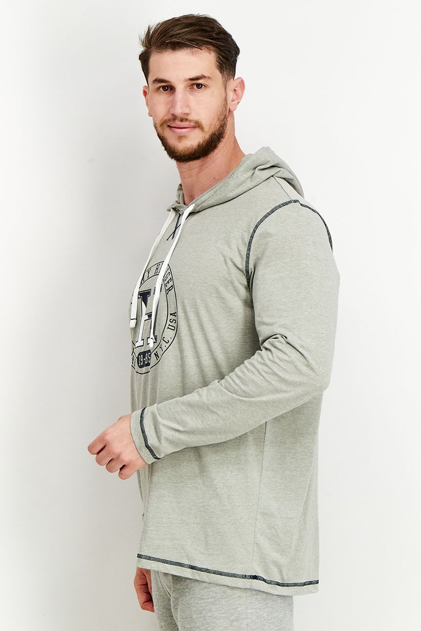 Men Hood With Drawstring Graphic Long Sleeves Sleepwear, Heather Grey