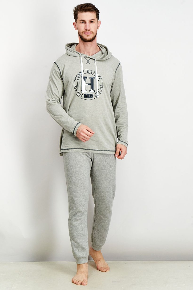 Men Hood With Drawstring Graphic Long Sleeves Sleepwear, Heather Grey