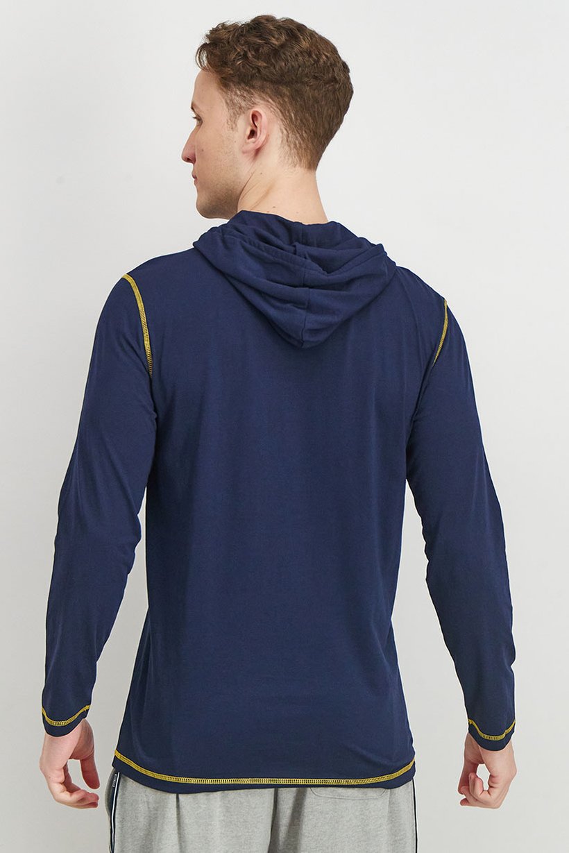 Men Printed Long Sleeve Hooded Sleepwear, Dark Navy Blue