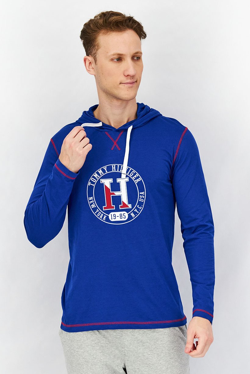 Men Hooded With Drawstring Graphic Long Sleeves  Pajama Sweatshirt, Blue