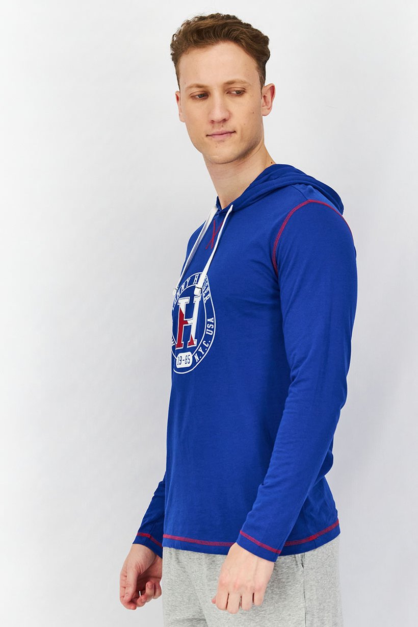 Men Hooded With Drawstring Graphic Long Sleeves  Pajama Sweatshirt, Blue