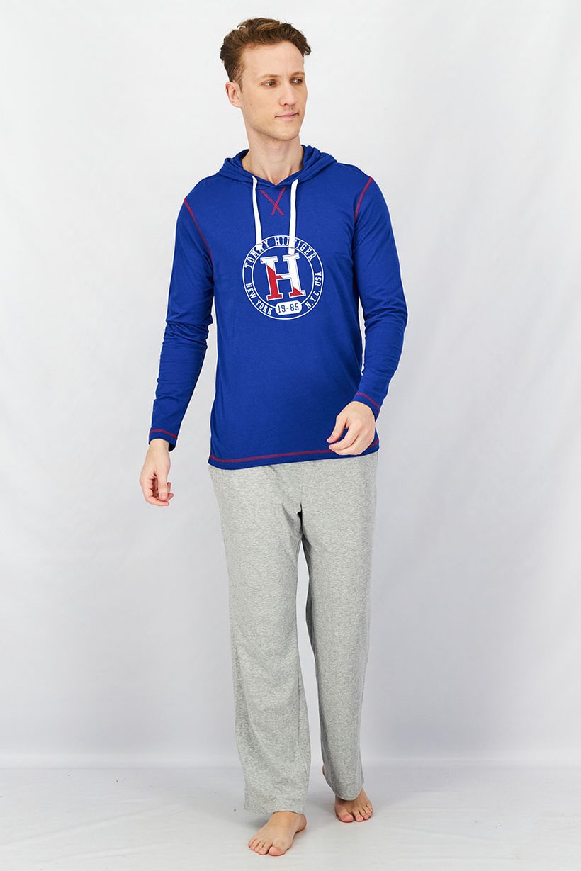 Men Hooded With Drawstring Graphic Long Sleeves  Pajama Sweatshirt, Blue
