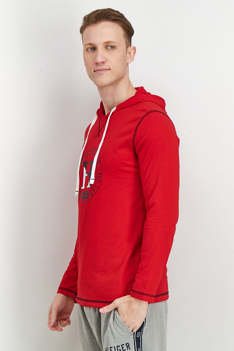 Men Hood With Drawstring Graphic Long Sleeves Sleepwear, Red