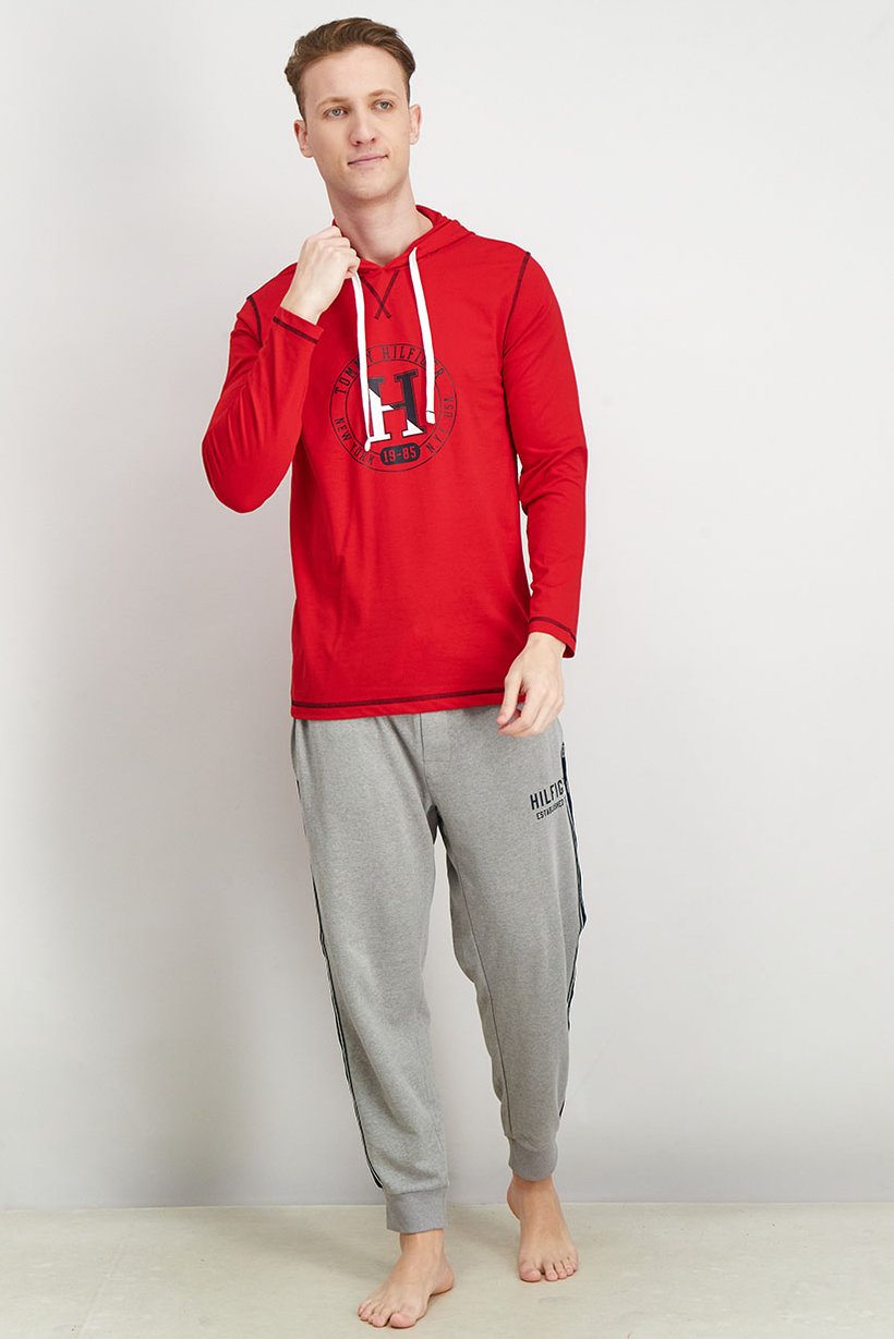 Men Hood With Drawstring Graphic Long Sleeves Sleepwear, Red