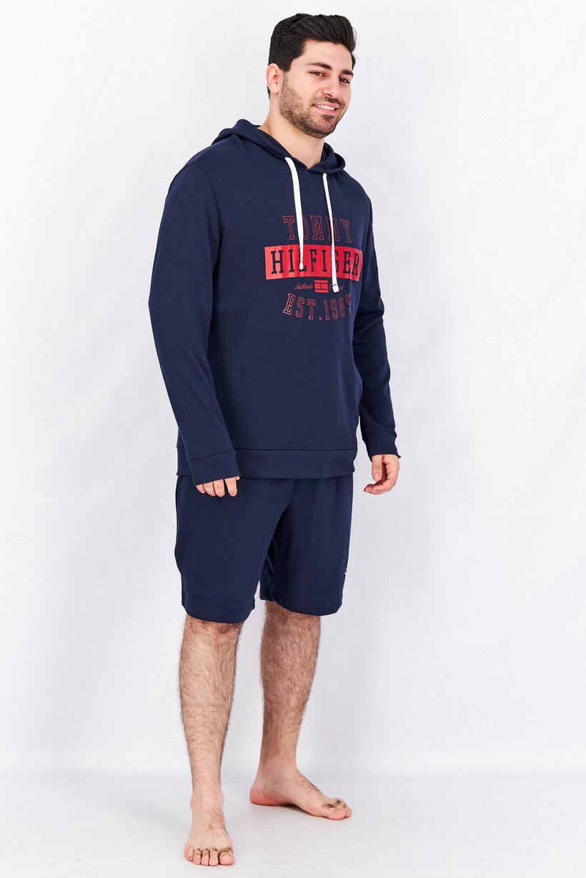 Men Hooded Brand Logo Long Sleeves Sweatshirt Sleepwear, Dark Navy