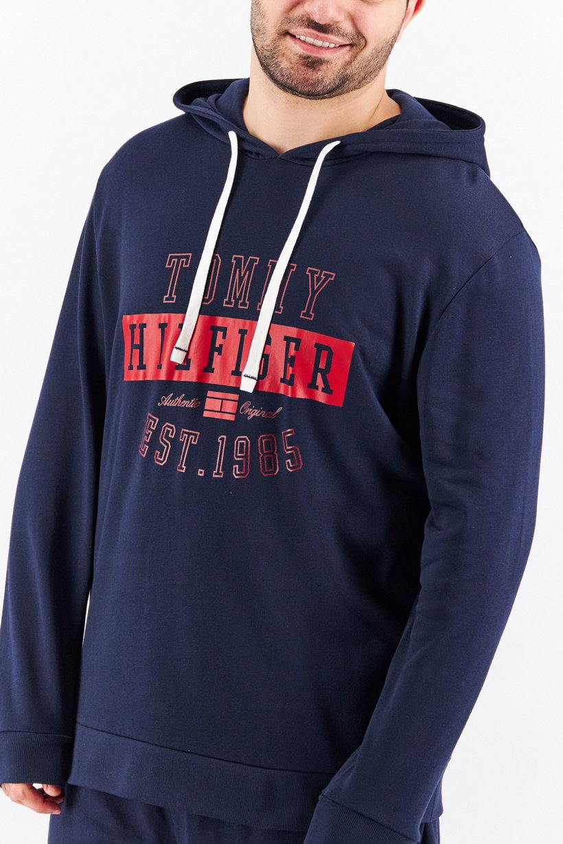 Men Hooded Brand Logo Long Sleeves Sweatshirt Sleepwear, Dark Navy