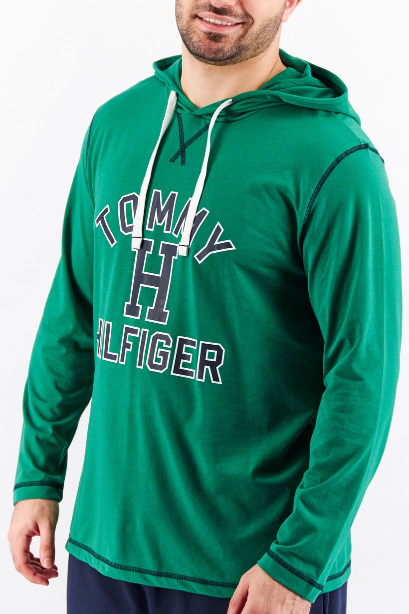 Men Graphic Full Sleeves Sleepwear Hooded Top, Basil