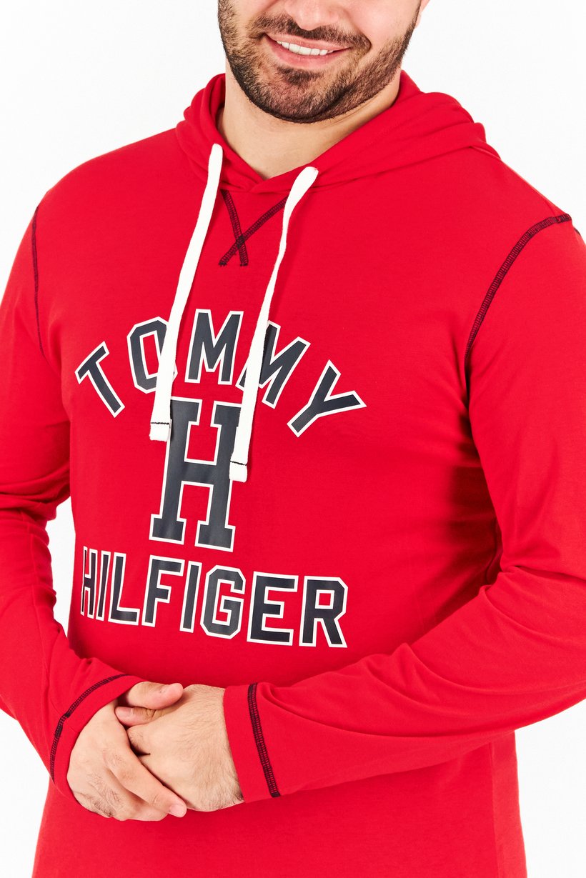 Men Graphic Print Full Sleeves Hooded Sleepwear T-Shirt, Red