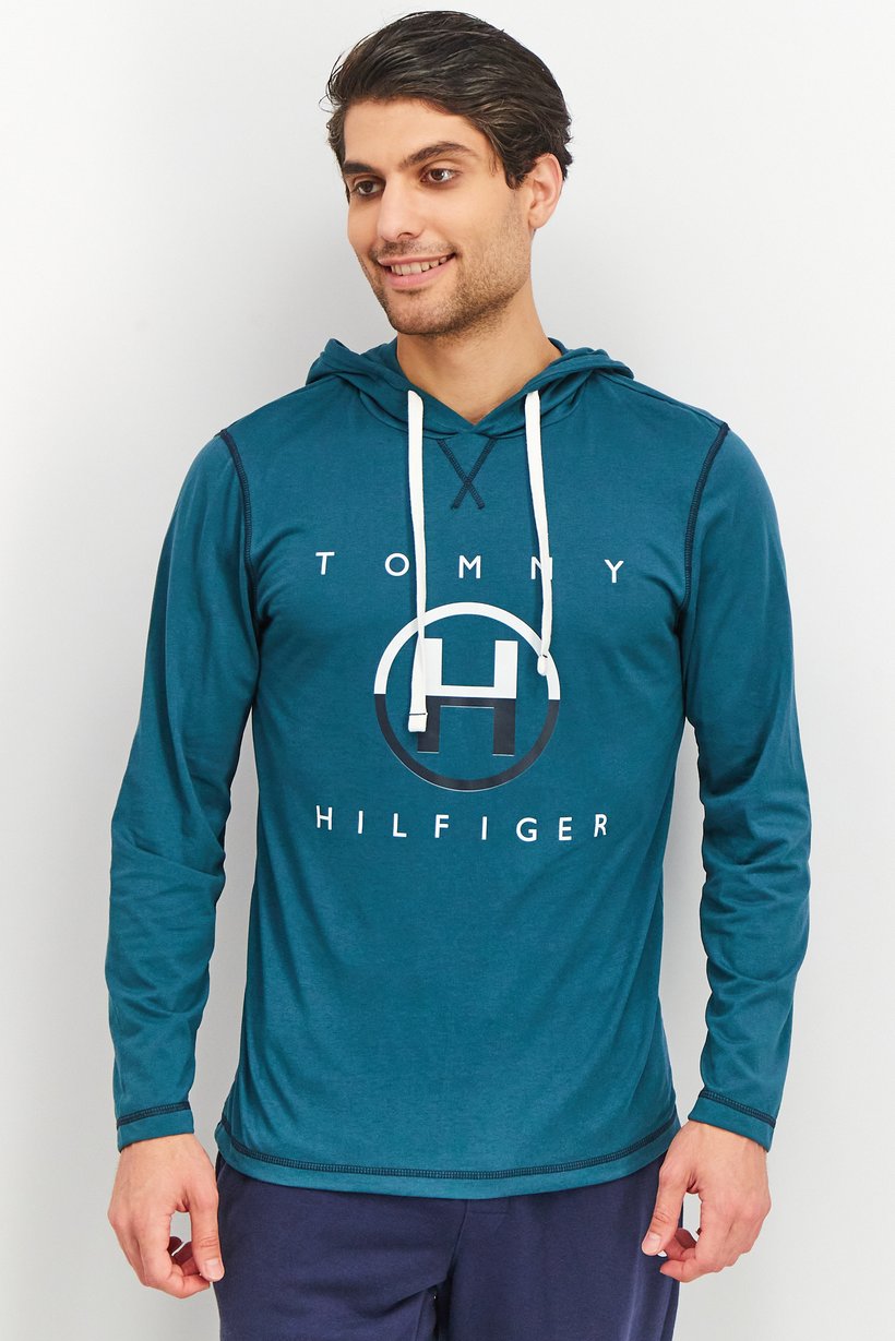 Men Hood With Drawstring Long Sleeve Brand Logo Sleepwear, Lagoon
