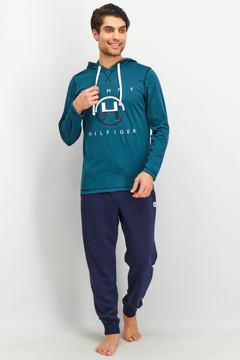 Men Hood With Drawstring Long Sleeve Brand Logo Sleepwear, Lagoon
