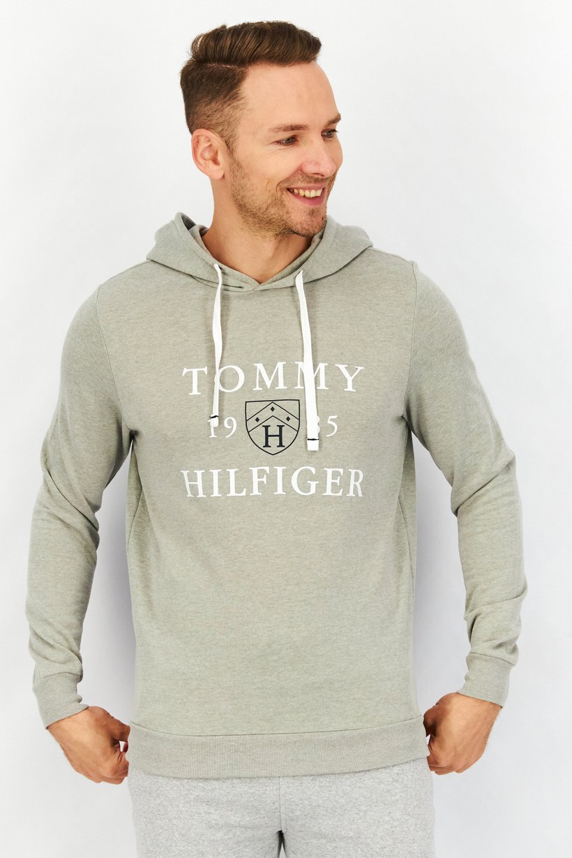 Men Hooded Long Sleeve Brand Logo Pajama Top, Grey