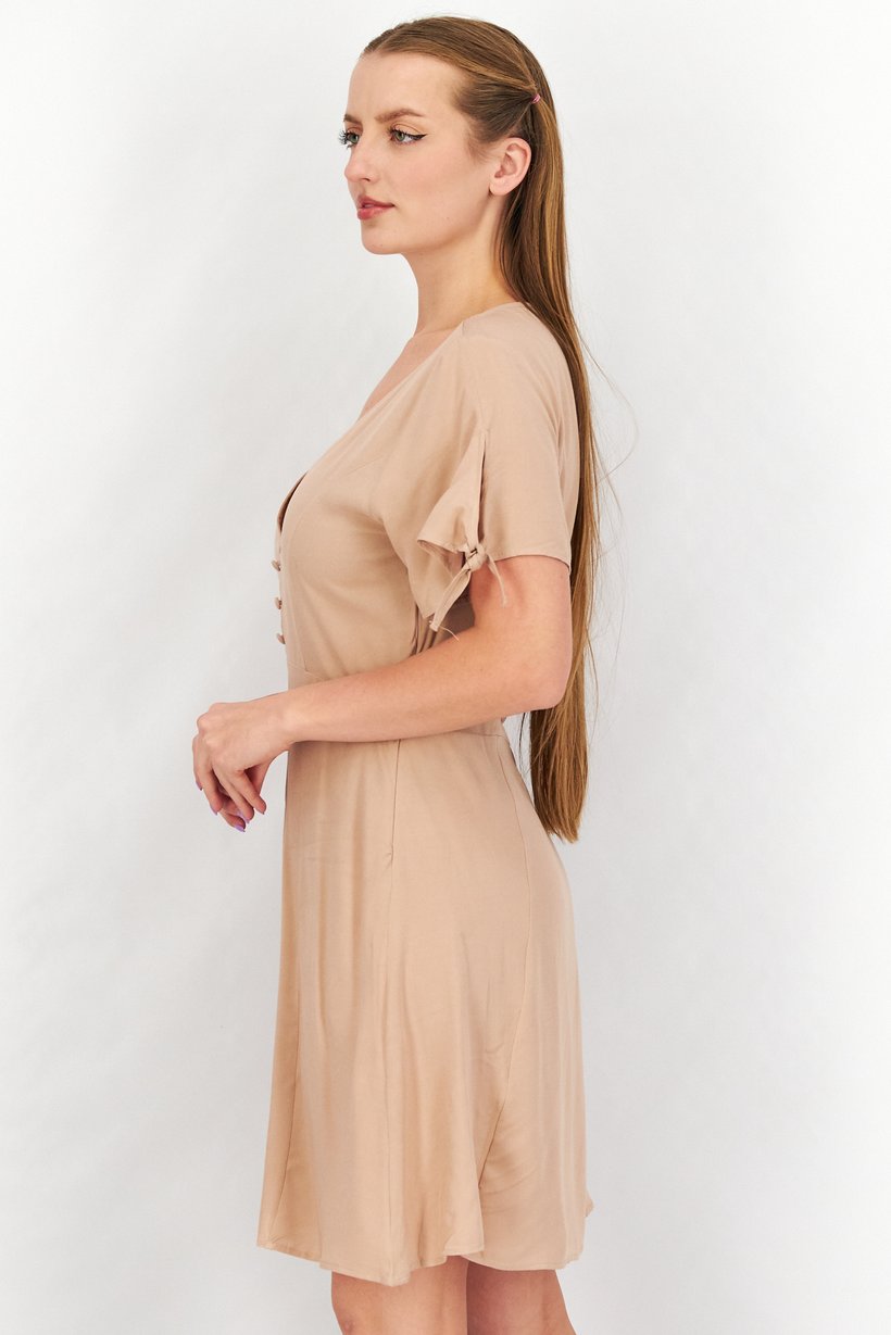 Women V-Neck Tie Sleeves Plain Mini Dress, Beige