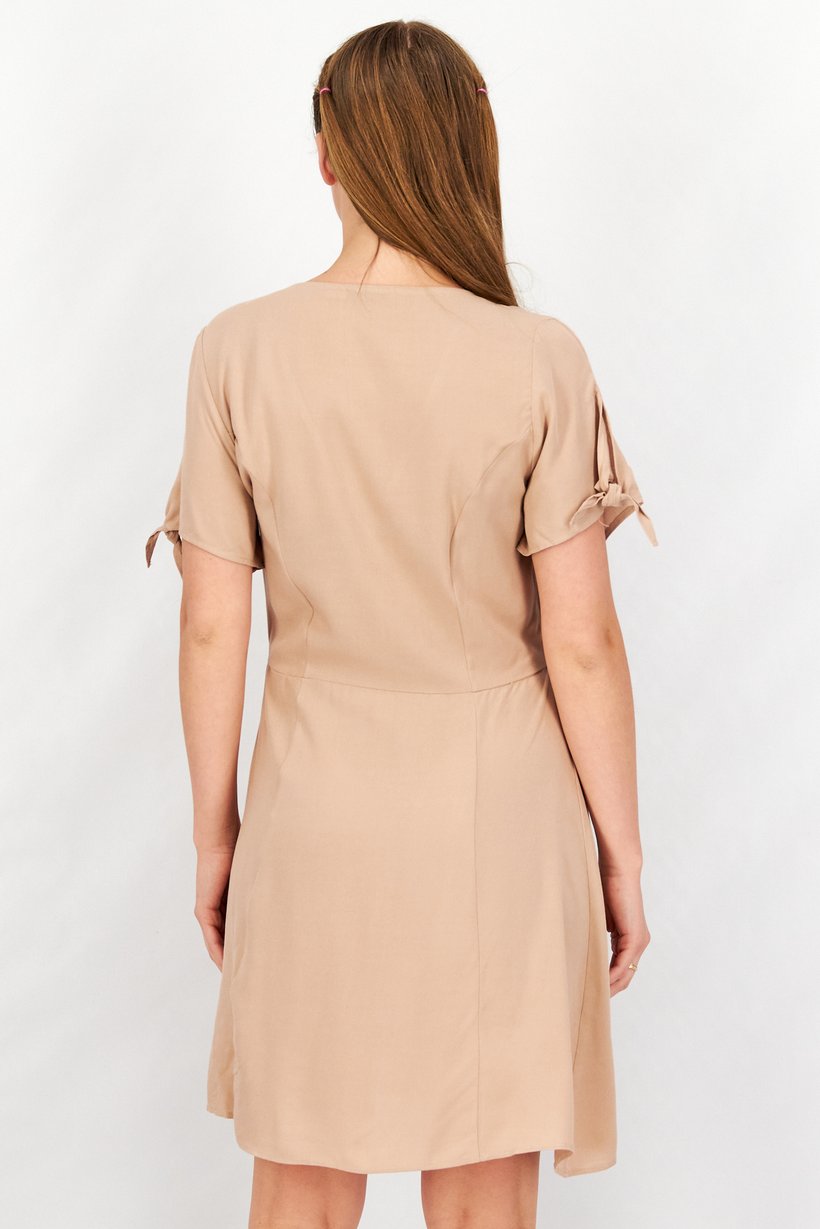 Women V-Neck Tie Sleeves Plain Mini Dress, Beige