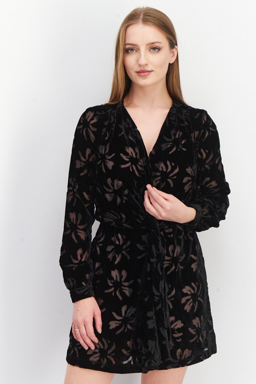 Women Textured Mini Wrap Up Dress, Black
