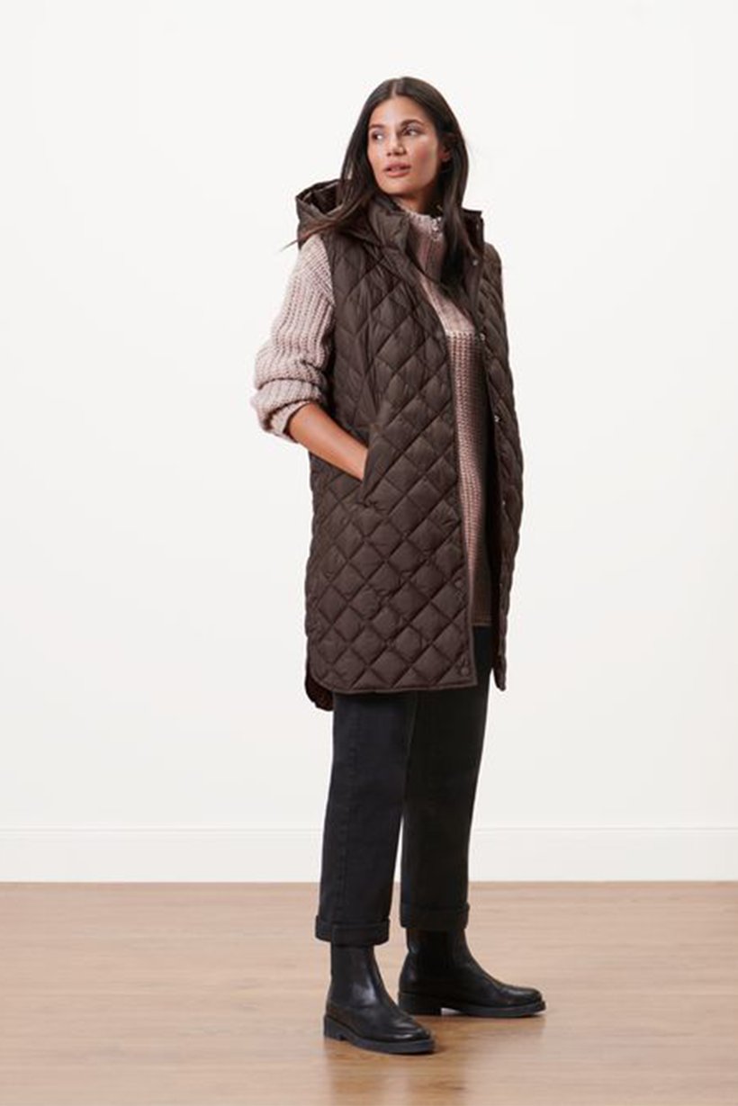 Women Quilted Long Vest Coat Jacket, Dark Brown