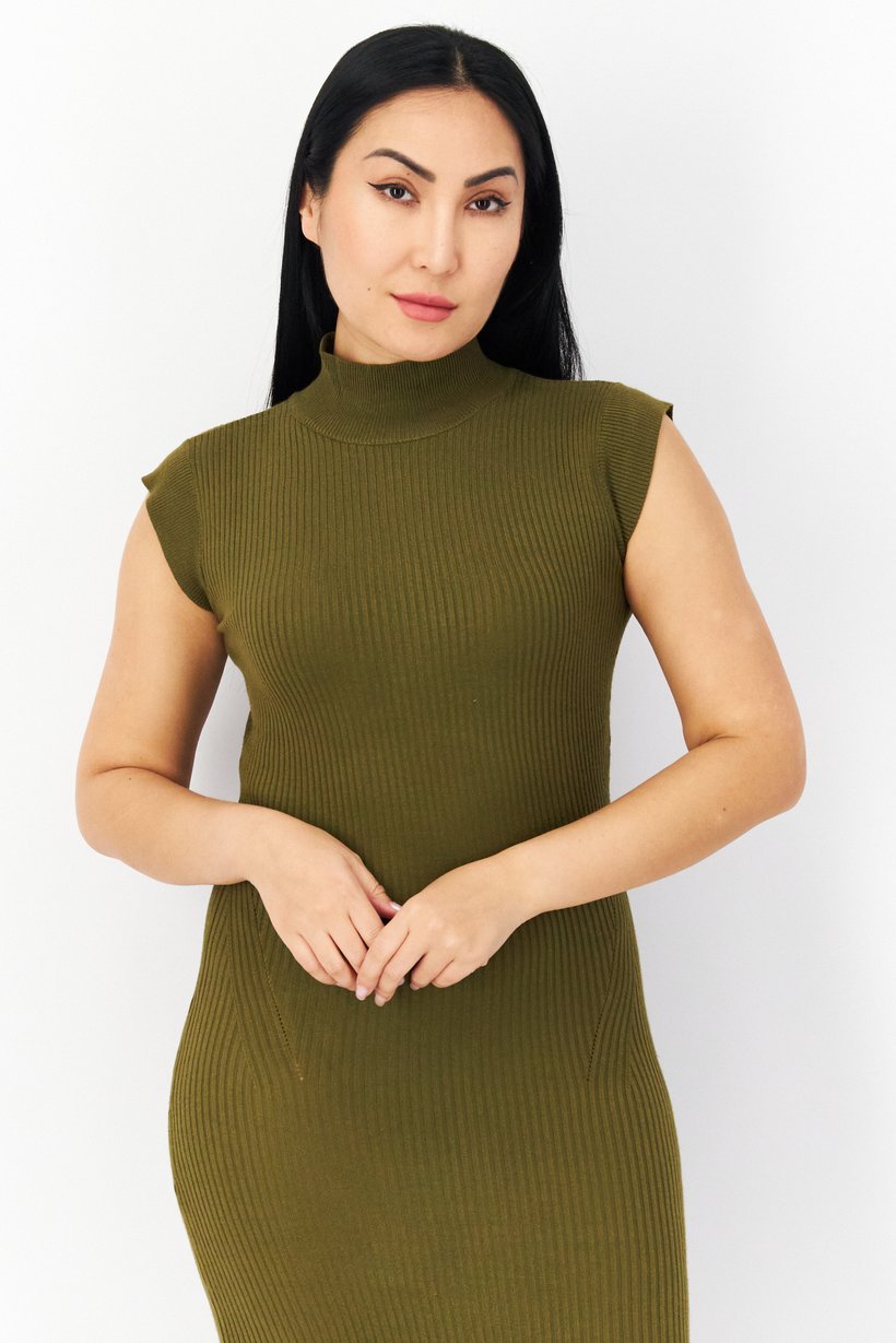 Women Ribbed Midi Dress, Dark Olive