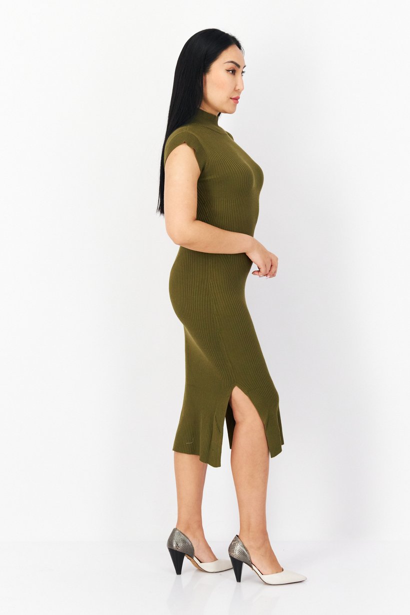 Women Ribbed Midi Dress, Dark Olive