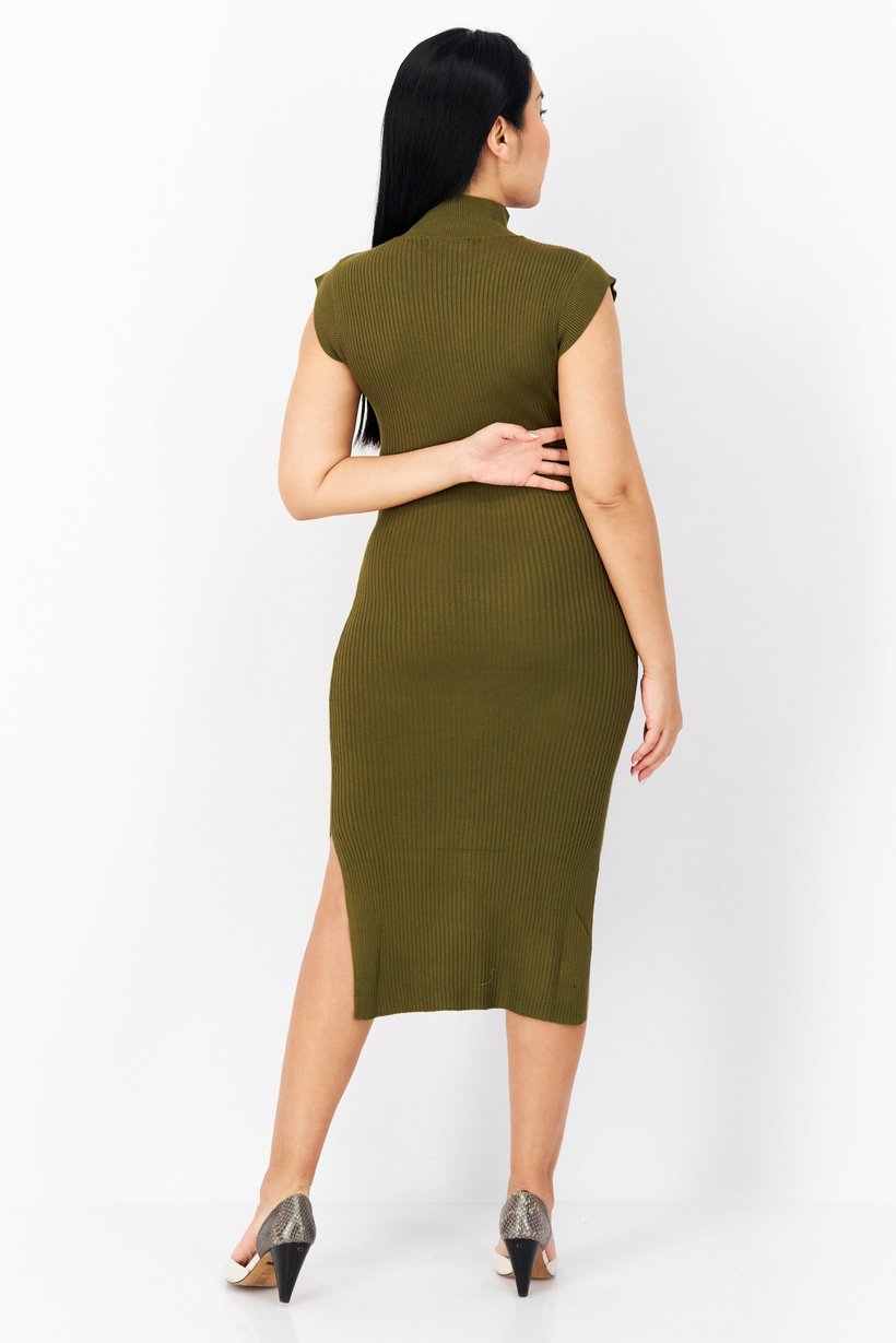 Women Ribbed Midi Dress, Dark Olive