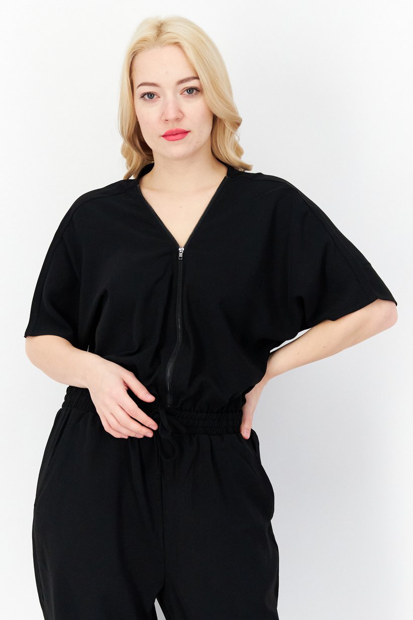 Women Plain Elastic Waist Short Sleeve Jumpsuit, Black